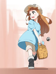 Rule 34 | 10s, 1girl, :d, bag, black footwear, blue shirt, boots, brown eyes, brown hair, commentary request, hat, hataraku saibou, holding, holding bag, long hair, looking to the side, open mouth, oversized clothes, oversized shirt, platelet (hataraku saibou), shirt, short sleeves, shorts, smile, solo, t-shirt, tabata hisayuki, walking, white hat