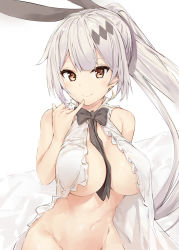 Rule 34 | 1girl, absurdres, bare shoulders, between breasts, black bow, black bowtie, bow, bowtie, breasts, brown eyes, closed mouth, five-seven (girls&#039; frontline), girls&#039; frontline, grey hair, groin, hair ribbon, highres, large breasts, long hair, looking at viewer, navel, no panties, open clothes, open shirt, out-of-frame censoring, pinky out, ponytail, ribbon, shirt, silver (chenwen), simple background, smile, solo, very long hair, white shirt