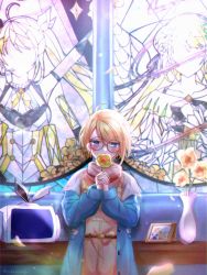 Rule 34 | 1girl, blue eyes, blue jacket, covered mouth, flower, glasses, highres, holding, holding flower, indy (vitamindyc), jacket, nijisanji, nijisanji id, official alternate costume, orange overalls, overalls, photo (object), red sweater, round eyewear, short hair, solo, stained glass, sweater, vase, virtual youtuber, yellow flower, zea cornelia, zea cornelia (1st costume), zea cornelia (2nd costume), zea cornelia (3rd costume)