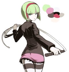 Rule 34 | 1girl, choker, color guide, from behind, green eyes, green hair, hairband, headphones, highres, pantyhose, phonon (under night in-birth), short hair, shrug (clothing), slit pupils, solo, striped clothes, striped pantyhose, tb (spr1110), under night in-birth, under night in-birth exe:late[st], whip