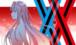 Rule 34 | 10s, 1girl, aqua eyes, breasts, closed mouth, darling in the franxx, from side, hair censor, hiroki (hirokiart), horns, long hair, looking at viewer, looking to the side, medium breasts, nude, pink hair, profile, signature, smile, solo, tongue, tongue out, upper body, very long hair, zero two (darling in the franxx)