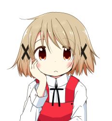Rule 34 | 1girl, black ribbon, blush, brown eyes, brown hair, closed mouth, collared shirt, commentary, frown, hair between eyes, hair ornament, hand on own face, hidamari sketch, highres, long sleeves, looking at viewer, red vest, ribbon, runa44, school uniform, shirt, short hair, simple background, solo, upper body, vest, white background, white shirt, x hair ornament, yamabuki high school uniform, yuno (hidamari sketch)