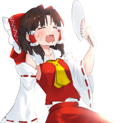 Rule 34 | 1girl, arm support, bare shoulders, bloom, blush, bow, breasts, brown hair, closed eyes, collarbone, commentary request, detached sleeves, drooling, frilled shirt collar, frills, hair bow, hair tubes, hakurei reimu, highres, hot, leaning back, long hair, mont blanca, mouth drool, open mouth, overexposure, parted bangs, red bow, red skirt, red vest, sidelighting, simple background, sitting, skirt, skirt set, small breasts, solo, sweat, touhou, vest, wavy mouth, white background