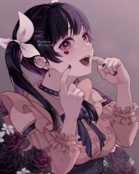 Rule 34 | 1girl, black flower, black hair, black rose, bow, choker, ear piercing, fang, finger to cheek, flower, hair bow, highres, index finger raised, jirai kei, looking at viewer, multiple hair bows, nagi-negitoro, open mouth, original, piercing, rose, solo, twintails