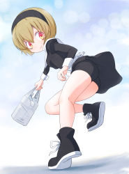 Rule 34 | 1girl, absurdres, ass, black footwear, black shorts, blonde hair, blush, bottle, breasts, closed mouth, full body, hair ornament, hairband, highres, jashin-chan dropkick, looking at viewer, looking back, multicolored eyes, pekora (jashin-chan dropkick), red eyes, sat-c, shoes, short hair, shorts, simple background, small breasts, smile, solo, sparkle background, yellow eyes