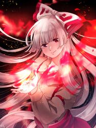 Rule 34 | 1girl, bow, closed mouth, collared shirt, commentary request, cowboy shot, fire, fujiwara no mokou, grey shirt, hair bow, highres, long hair, long sleeves, looking at viewer, mokoiscat, pants, pyrokinesis, red bow, red eyes, red pants, shirt, signature, smile, solo, suspenders, touhou, very long hair, white bow, white hair