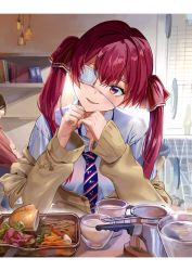 Rule 34 | 1girl, absurdres, alternate costume, blue necktie, blush, bow, brown jacket, collared shirt, cup, eyepatch, fang, food, hair bow, hands up, head tilt, highres, hololive, houshou marine, jacket, long hair, long sleeves, looking at viewer, medical eyepatch, necktie, off-shoulder jacket, off shoulder, one eye covered, parted lips, pov across table, red hair, shirt, sitting, smile, solo, ssamjang (misosan), striped necktie, striped neckwear, table, toothpick, twintails, virtual youtuber, white shirt, wing collar