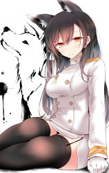 Rule 34 | 1girl, absurdres, animal ear fluff, animal ears, arms at sides, atago (azur lane), azur lane, black hair, black thighhighs, blush, breasts, brown eyes, buttons, dog, double-breasted, garter straps, gloves, gold trim, hair ribbon, highres, husky, impossible clothes, long hair, long sleeves, looking at viewer, medium breasts, military, military uniform, monochrome background, oouso, paint splatter, parted lips, ribbon, simple background, sitting, skirt, solo, swept bangs, thighhighs, uniform, white background, white gloves, white ribbon, white skirt, wolf ears, yokozuwari, zettai ryouiki