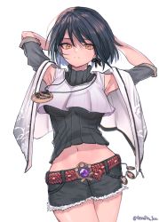 Rule 34 | 1girl, absurdres, amulet, arms behind head, belt, belt chain, black hair, casual, chinese commentary, commentary request, cutoffs, denim, denim shorts, earrings, genshin impact, hair between eyes, highres, jacket, jewelry, kujou sara, shipi (qlenf0715), short hair, shorts, simple background, single earring, solo, turtleneck, twitter username, vision (genshin impact), white background, white jacket, yellow eyes