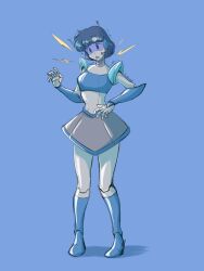 Rule 34 | 1girl, alternate costume, android, blue background, blue eyes, blue hair, boots, breasts, commentary, commission, commissioner name, cup, emlirjak, empty eyes, english commentary, full body, head-mounted display, headset, highres, joints, knee boots, mechanization, robot, short hair, skirt, small breasts, solo