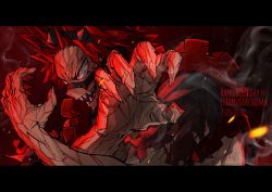 Rule 34 | 1boy, boku no hero academia, character name, crossed arms, dated, fingernails, happy birthday, highres, kirishima eijirou, letterboxed, male focus, open mouth, reaching, reaching towards viewer, red eyes, red hair, scallopojisan, sharp fingernails, sharp teeth, smile, solo, sparks, spiked hair, teeth, torn clothes, upper body