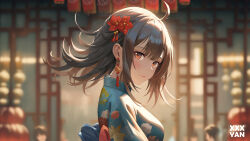 Rule 34 | 3girls, absurdres, ahoge, artist name, black hair, blue kimono, blue sash, blunt bangs, blurry, blurry background, blush, breasts, character request, check character, chinese commentary, closed mouth, commentary request, earrings, floral print, floral print kimono, flower, hair between eyes, hair flower, hair ornament, highres, indoors, japanese clothes, jewelry, kimono, light smile, lips, looking at viewer, medium hair, multiple girls, obi, orange eyes, original, print kimono, red flower, red sash, sash, solo focus, tassel, tassel earrings, xxxyan