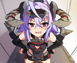 Rule 34 | baphogridr girl, bare shoulders, blue hair, blurry, blurry background, blush, breasts, cosmic break, detached sleeves, fangs, hands on own hips, horns, looking at viewer, mecha musume, open mouth, purple eyes, short hair, short shorts, shorts, sidelocks, small breasts, tsukinami kousuke