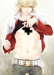 Rule 34 | 10s, 1boy, barnaby brooks jr., belt, blonde hair, gradient background, green eyes, hair over one eye, jacket, jewelry, male focus, necklace, nipples, open clothes, open shirt, puzzle piece, red jacket, shirt, siruphial, solo, studded belt, tiger &amp; bunny