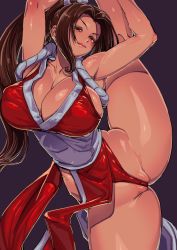 Rule 34 | 1girl, breasts, brown eyes, brown hair, cameltoe, cleavage, curvy, female focus, flexible, highres, huge breasts, long hair, looking at viewer, matching hair/eyes, ninja, pelvic curtain, ponytail, revealing clothes, shiranui mai, smile, solo, the king of fighters, thick thighs, thighs