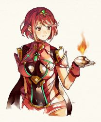 Rule 34 | 1girl, akke, armor, blush, breasts, covered navel, earrings, fingerless gloves, fire, gloves, hair ornament, jewelry, large breasts, nintendo, pyra (xenoblade), red eyes, red hair, short hair, shorts, sidelocks, simple background, smile, solo, tiara, white background, xenoblade chronicles (series), xenoblade chronicles 2