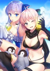 Rule 34 | 2girls, ;d, ahoge, animal, armpits, bare shoulders, beach, bikini, bird, black bikini, black gloves, black legwear, black scarf, blonde hair, blue eyes, blue one-piece swimsuit, blue sky, bow, breasts, choker, cleavage, cloud, cloudy sky, collarbone, commentary request, cup, day, disposable cup, drinking straw, elbow gloves, fate/grand order, fate (series), frills, gloves, hair bow, half updo, hand up, holding, holding cup, horizon, long sleeves, looking at viewer, medium breasts, meltryllis, meltryllis (fate), meltryllis (swimsuit lancer) (fate), meltryllis (swimsuit lancer) (second ascension) (fate), multiple girls, navel, ocean, okita j. souji (fate), okita j. souji (first ascension) (fate), okita souji (fate), okita souji (koha-ace), one-piece swimsuit, one eye closed, open mouth, outdoors, penguin, scarf, short hair, single glove, single thighhigh, sitting, sky, sleeves past fingers, sleeves past wrists, smile, swimsuit, thigh strap, thighhighs, yamigo