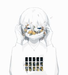 Rule 34 | 1boy, adjusting mask, avogado6, colored skin, grey eyes, hands up, jitome, long sleeves, male focus, mask, mouth mask, original, shirt, short hair, simple background, solo, surgical mask, white background, white hair, white shirt, white skin