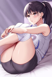 Rule 34 | 1girl, bare arms, bare shoulders, black eyes, black hair, black shorts, blush, breasts, commentary request, feet out of frame, huyumitsu, jersey, large breasts, long hair, looking at viewer, lying, mole, mole under mouth, on back, original, ponytail, shorts, sleeveless, solo, thighs