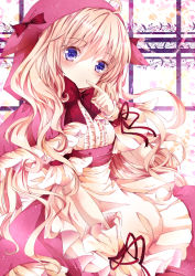 Rule 34 | 1girl, apron, blonde hair, blue eyes, bow, dress, finger to mouth, gloves, hood, little red riding hood, long hair, looking at viewer, nanase nao, original, pink dress, puffy sleeves, red cape, red dress, ribbon, ruffled shirt, short sleeves, solo, very long hair, waist apron, white gloves, wrist cuffs, wrist ribbon