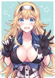 Rule 34 | 1girl, alternate hairstyle, aqua background, blonde hair, blue eyes, blue shirt, blush, breast pocket, breasts, cleavage, collared shirt, dated, gambier bay (kancolle), gloves, hair down, hairband, kabocha torute, kantai collection, large breasts, multicolored clothes, multicolored gloves, partially fingerless gloves, pocket, shirt, twitter username, upper body