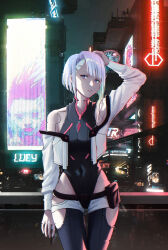 Rule 34 | 1girl, absurdres, ass, bare shoulders, belt, bodysuit, breasts, building, character name, cigar, city lights, cityscape, cyberpunk, cyberpunk (series), cyberpunk 2077, cyberpunk edgerunners, cyborg, gradient hair, highres, jacket, leaning, leaning back, leotard, looking at viewer, lucy (cyberpunk), makeup, mechanical parts, medium breasts, multicolored hair, neon lights, night, night sky, open clothes, open jacket, open shirt, pale skin, parted bangs, purple eyes, red lips, ressec, short hair, sky, skyline, smoke, solo, white hair