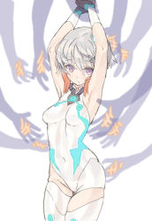 Rule 34 | 10s, 1girl, aquarion (series), aquarion logos, armpits, arms up, asymmetrical clothes, black gloves, blade (galaxist), breasts, covered navel, cowboy shot, gloves, gradient hair, groin, hair between eyes, highleg, highleg leotard, leotard, looking at viewer, multicolored hair, neon trim, orange hair, parted lips, purple eyes, short hair with long locks, sidelocks, silhouette, silver hair, simple background, sketch, small breasts, solo, thighhighs, tsukigane maia, two-tone hair, unitard, white background, white thighhighs, zettai ryouiki