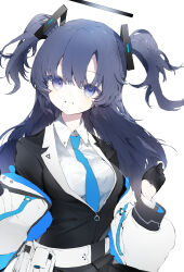 Rule 34 | 1girl, absurdres, belt, belt pouch, black coat, black halo, blazer, blue archive, blue eyes, blue hair, blue necktie, coat, collared shirt, commentary request, double-parted bangs, hair between eyes, halo, highres, jacket, koito (l0ve la bit), long hair, long sleeves, looking at viewer, mechanical halo, necktie, off shoulder, open mouth, pouch, puffy long sleeves, puffy sleeves, shirt, simple background, smile, solo, triangle hair ornament, two side up, upper body, white background, white belt, white jacket, white shirt, yuuka (blue archive)
