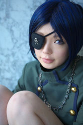Rule 34 | 1girl, asian, blue hair, blurry, breasts, chrome dokuro, color contacts, cosplay, depth of field, eyepatch, female focus, highres, katekyo hitman reborn!, looking at viewer, makeup, mascara, namada, photo (medium), short hair, sitting, skull and crossbones, small breasts, solo, uniform