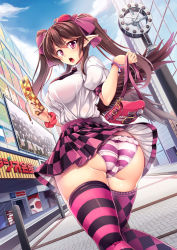 Rule 34 | 1girl, akb48, ass, asymmetrical legwear, bad anatomy, bag, blush, bow, bracelet, breasts, brown hair, cameltoe, cellphone, checkered clothes, checkered skirt, city, clock, collared shirt, from behind, hair bow, handbag, hat, highres, himekaidou hatate, huge ass, jewelry, large breasts, long hair, looking at viewer, looking back, miniskirt, mismatched legwear, necktie, open mouth, panties, phone, pink eyes, pointy ears, puffy short sleeves, puffy sleeves, real life insert, scowl, shiny clothes, shiny skin, shirt, short sleeves, skirt, solo, striped clothes, striped panties, striped thighhighs, thighhighs, thighs, tokin hat, touhou, twintails, underwear, windart, wings