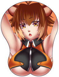 Rule 34 | 1girl, animal ears, antenna hair, armpits, arms up, blazblue, blush, breast mousepad, breasts, brown eyes, brown hair, female focus, halterneck, halterneck, highres, large breasts, looking at viewer, makoto nanaya, mousepad, mousepad (medium), multicolored hair, nose, ogachin, parted lips, short hair, simple background, solo, squirrel ears, squirrel tail, tail, two-tone hair, underboob