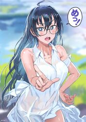 1girl absurdres ahoge blue_eyes blue_hair blurry breasts collarbone depth_of_field dress glasses hand_on_own_hip highres index_finger_raised looking_at_viewer norinco open_mouth original panties_visible_through_clothes pants solo speech_bubble upper_body wet wet_clothes wet_dress white_pants