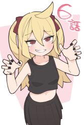 Rule 34 | 1girl, ahoge, bare arms, black nails, black skirt, blonde hair, blush, claw pose, cowboy shot, crop top, grin, highres, kamo (kamonabe 44), long hair, looking at viewer, midriff, navel, original, red eyes, skirt, smile, solo, tank top, two side up