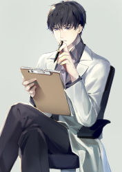 Rule 34 | 1boy, absurdres, bad id, bad pixiv id, black eyes, black hair, clipboard, feet out of frame, highres, holding, holding pen, lab coat, crossed legs, long sleeves, love and producer, lucien (love and producer), male focus, necktie, pen, simple background, sitting, solo, tefco, uniform