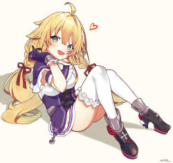 Rule 34 | 1girl, :d, ahoge, akutaa, ass, azur lane, blonde pubic hair, bow, braid, capelet, commentary request, detached sleeves, green eyes, hair between eyes, hair bow, hair ribbon, highres, le temeraire (azur lane), long hair, looking at viewer, low twintails, open mouth, purple hair, ribbon, shoes, sidelocks, simple background, sitting, smile, solo, thighhighs, twin braids, twintails, white background, white thighhighs, zettai ryouiki