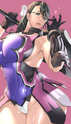 Rule 34 | 1girl, arm guards, bare shoulders, black gloves, black hair, breasts, cameltoe, cattleya (queen&#039;s blade), chouzuki maryou, collar, commentary request, cowboy shot, dated, flower, glasses, gloves, green eyes, hair flower, hair ornament, highres, huge breasts, kotoyoshi yumisuke, leotard, lips, long hair, mature female, metal collar, multicolored leotard, parted lips, ponytail, queen&#039;s blade, showgirl skirt, sideboob, signature, simple background, solo, standing, swept bangs, thick thighs, thighs