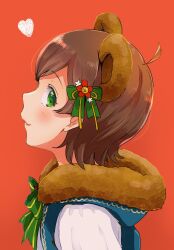 Rule 34 | 1girl, ahoge, animal ears, bear ears, blue jacket, blush, bow, bowtie, brown hair, commentary request, eyelashes, fake animal ears, flower, from side, fur-trimmed hood, fur trim, green bow, green bowtie, green eyes, hair bow, hair flower, hair ornament, heart, highres, hood, hood down, hooded jacket, idolmaster, idolmaster million live!, jacket, kinoshita hinata, long sleeves, looking at viewer, open clothes, open jacket, parted lips, pink lips, red background, red flower, shirt, short hair, simple background, sleeveless, sleeveless jacket, smile, solo, striped bow, striped bowtie, striped clothes, upper body, white shirt, white sleeves, witoi (roa)
