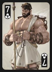 Rule 34 | 1boy, bara, beard, biceps, black eyes, black hair, card, clover, diadem, facial hair, gauntlets, harness, jar, large pectorals, looking at viewer, male focus, manly, mature male, muscular, muscular male, nipples, original, pectorals, robe, solo, staff, steam, thick arms, thick eyebrows, thick thighs, thighs, toga, tooboshoo, topless male
