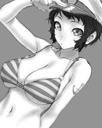 Rule 34 | 1girl, anchor symbol, anchor tattoo, arm between breasts, bare shoulders, between breasts, bikini, breasts, closed mouth, dutch angle, gishu, grey background, greyscale, hand on headwear, hand up, hat, highres, large breasts, looking at viewer, monochrome, multi-strapped bikini, murasa minamitsu, navel, peaked cap, persona, short hair, sidelocks, simple background, solo, striped bikini, striped clothes, swimsuit, tattoo, touhou