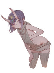Rule 34 | 1girl, backless dress, backless outfit, bad id, bad pixiv id, bare shoulders, breasts, closed mouth, cropped legs, dress, fate/grand order, fate (series), female focus, grey dress, groin, hair ornament, halterneck, hand on leg, hand on own thigh, highres, horns, leaning forward, legs apart, looking at viewer, meme attire, navel, no bra, no panties, oni, purple eyes, purple hair, ribbed dress, ribbed sweater, short hair, shuten douji (fate), simple background, skin-covered horns, sleeveless, sleeveless dress, small breasts, smile, solo, standing, sweater, sweater dress, thighhighs, timbougami, turtleneck, turtleneck sweater, virgin killer sweater, white background