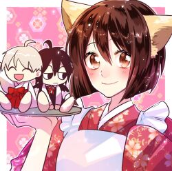 1girl 2boys ahoge animal_ears apron black_eyes black_hair black_wings blush bob_cut brown_eyes brown_hair chibi floral_print floral_print_kimono fox_ears fox_girl hair_between_eyes hakama half-closed_eyes hands_up haruka_(tactics) holding holding_mini_person holding_tray ichinomiya_kantarou japanese_clothes kimono kitsune kosode maid maid_apron miicuro_o mini_person miniboy multiple_boys no_choker odaibako open_mouth pink_background print_kimono red_hakama red_kimono short_hair size_difference sleeves_past_fingers sleeves_past_wrists smile sudare tactics tengu traditional_youkai tray wa_maid waitress white_apron white_hair wide_sleeves wings youko_(tactics)