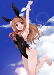 Rule 34 | 10s, 1girl, animal ears, arm behind head, arms up, barefoot, blue sky, brown eyes, brown hair, cloud, day, fake animal ears, full body, girls und panzer, long hair, open mouth, outdoors, playboy bunny, rabbit ears, rabbit tail, sky, smile, solo, tail, takebe saori, teeth, upper teeth only, wrist cuffs, yumesato makura