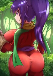 Rule 34 | :o, absurdres, ajura (kiiroi kaiten mokuba), arc the lad, ass, breasts, collar, focused, forest, from behind, highres, huge ass, japanese clothes, kukuru (arc the lad), large breasts, long hair, map, nature, outdoors, ponytail, purple eyes, purple hair, reading, sash, scarf, standing