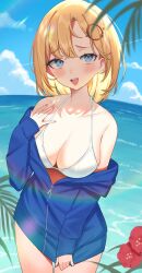 Rule 34 | 1girl, aotake iro, beach, bikini, blonde hair, blue eyes, blue hoodie, blue sky, blush, bob cut, breasts, cleavage, clothes pull, cloud, cloudy sky, collarbone, day, detective, flower, hair ornament, halterneck, highres, hololive, hololive english, hood, hoodie, large breasts, looking at viewer, ocean, open mouth, outdoors, palm tree, pulling own clothes, short hair, sky, smile, solo, swimsuit, thighs, tree, virtual youtuber, watson amelia, white bikini, zipper