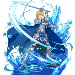 Rule 34 | 1boy, armor, armored, armored boots, black pants, blonde hair, blue eyes, blue flower, blue rose, blue rose sword, blue skirt, boots, eugeo, faulds, flower, full body, gauntlets, hair between eyes, highres, ice, male focus, official art, open mouth, outstretched arm, pants, plant, rose, shoulder armor, skirt, solo, pauldrons, sword art online, sword art online: alicization, transparent background, vines