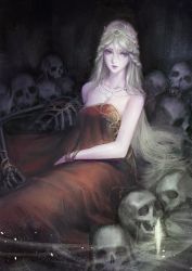 Rule 34 | 1girl, bed sheet, blonde hair, blue eyes, breasts, closed mouth, elden ring, fia the deathbed companion, highres, jewelry, long hair, looking at viewer, phamoz, sitting, skeleton, skull, solo