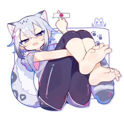 Rule 34 | 1girl, angry, angry face emoji, animal ear fluff, animal ears, artist logo, ass, barefoot, black leggings, blue eyes, cat ears, cat tail, commentary, fang, grey hair, hair between eyes, highres, hugging own legs, knees to chest, leggings, leggings under shorts, looking at viewer, middle finger, narrowed eyes, original, paw print, sidelocks, soles, solo, spoken emoji, symbol-only commentary, tail, toes, uenomigi, v-shaped eyebrows