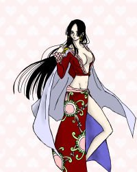 Rule 34 | 1girl, amazon lily, amazon warrior, black hair, boa hancock, breasts, cape, cleavage, earrings, female focus, heart, jacket, jewelry, long hair, long skirt, military, military uniform, navel, one piece, red jacket, sash, side slit, skirt, solo, standing, uniform