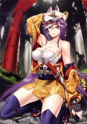 Rule 34 | 1girl, absurdres, animal ears, breasts, cat ears, cat tail, cleavage, highres, japanese clothes, kimono, large breasts, nail polish, original, sandals, sarashi, satou shouji, scan, scan artifacts, solo, sword, tail, thighhighs, toranoana, undressing, weapon, zouri