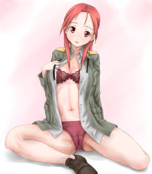 Rule 34 | 00s, 1girl, bra, cameltoe, legs, lingerie, long hair, minna-dietlinde wilcke, navel, open clothes, open shirt, panties, red bra, red eyes, red hair, red panties, scharfschutze, shirt, sitting, smile, solo, strike witches, underwear, world witches series